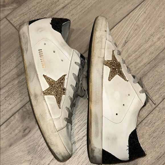 Golden Goose White Sneakers with Gold Star and Black Glitter Heel Tab Size 39 - Picture 8 of 14